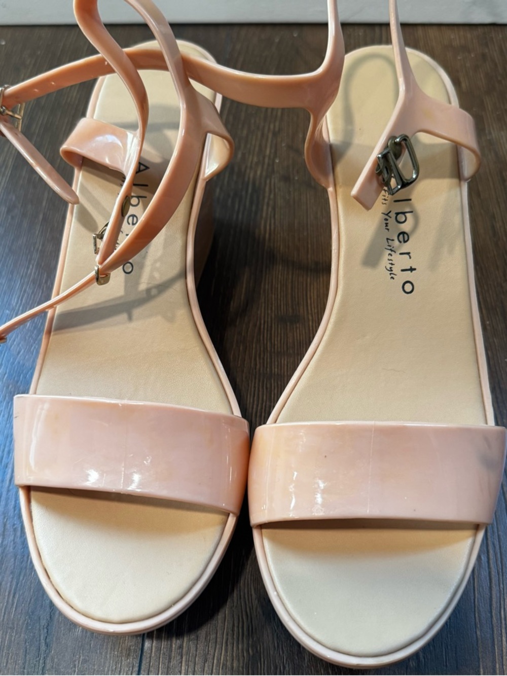 Alberto Nude Glossy Wedge Sandals — Size 39